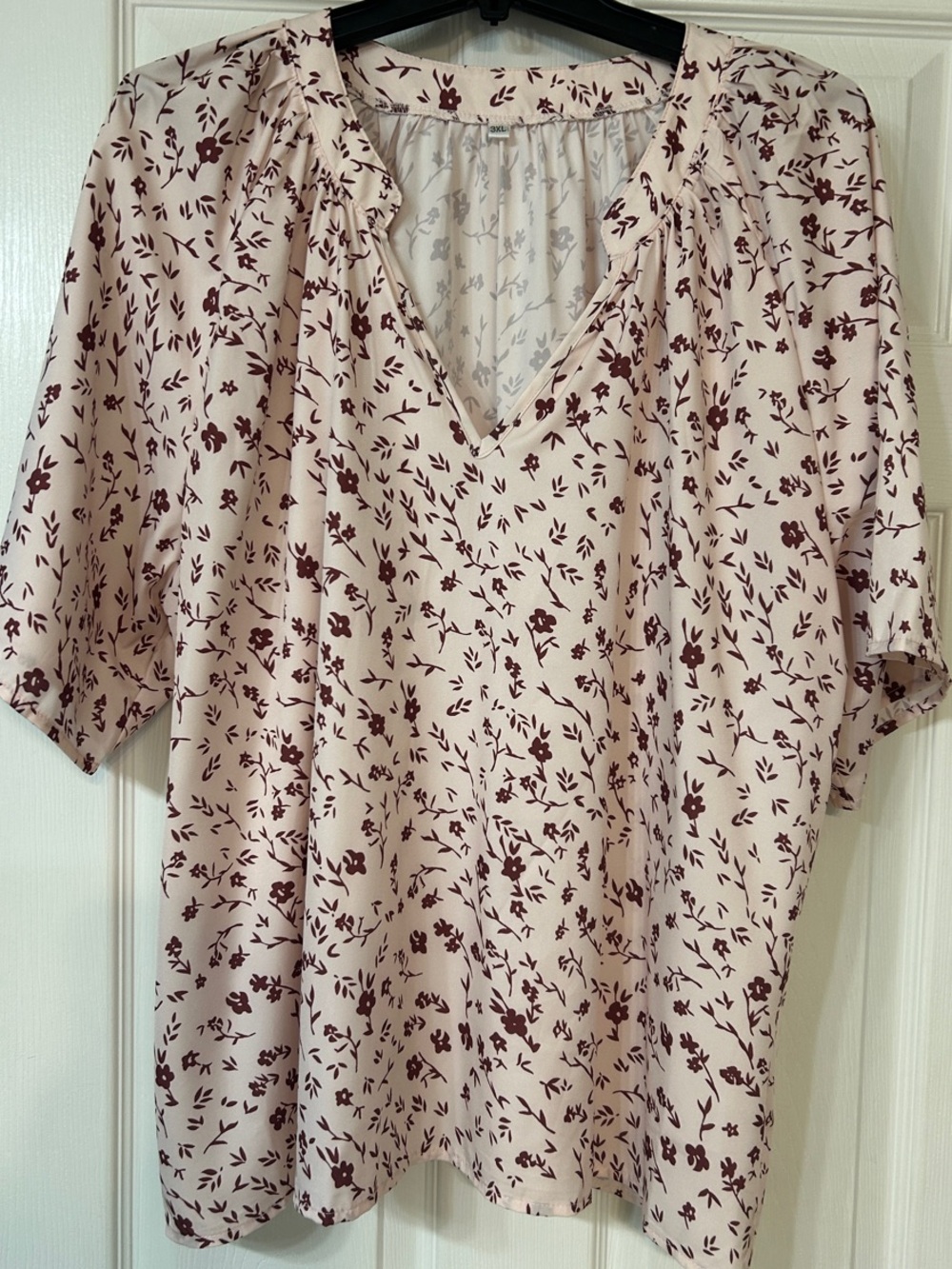 Light Pink Floral V-Neck Blouse with Burgundy Print